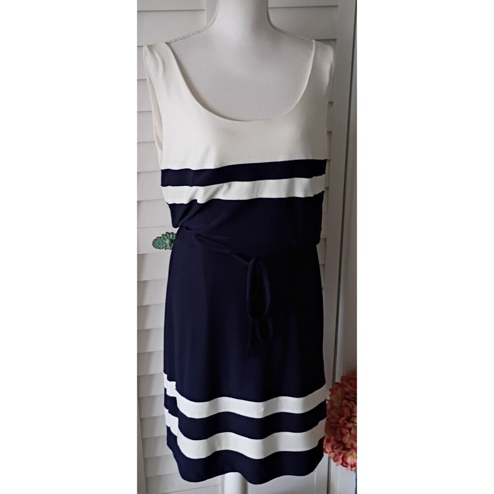 Lauren Ralph Lauren Navy & White sleeveless sundress Tie Cinch Waist NEW 14
